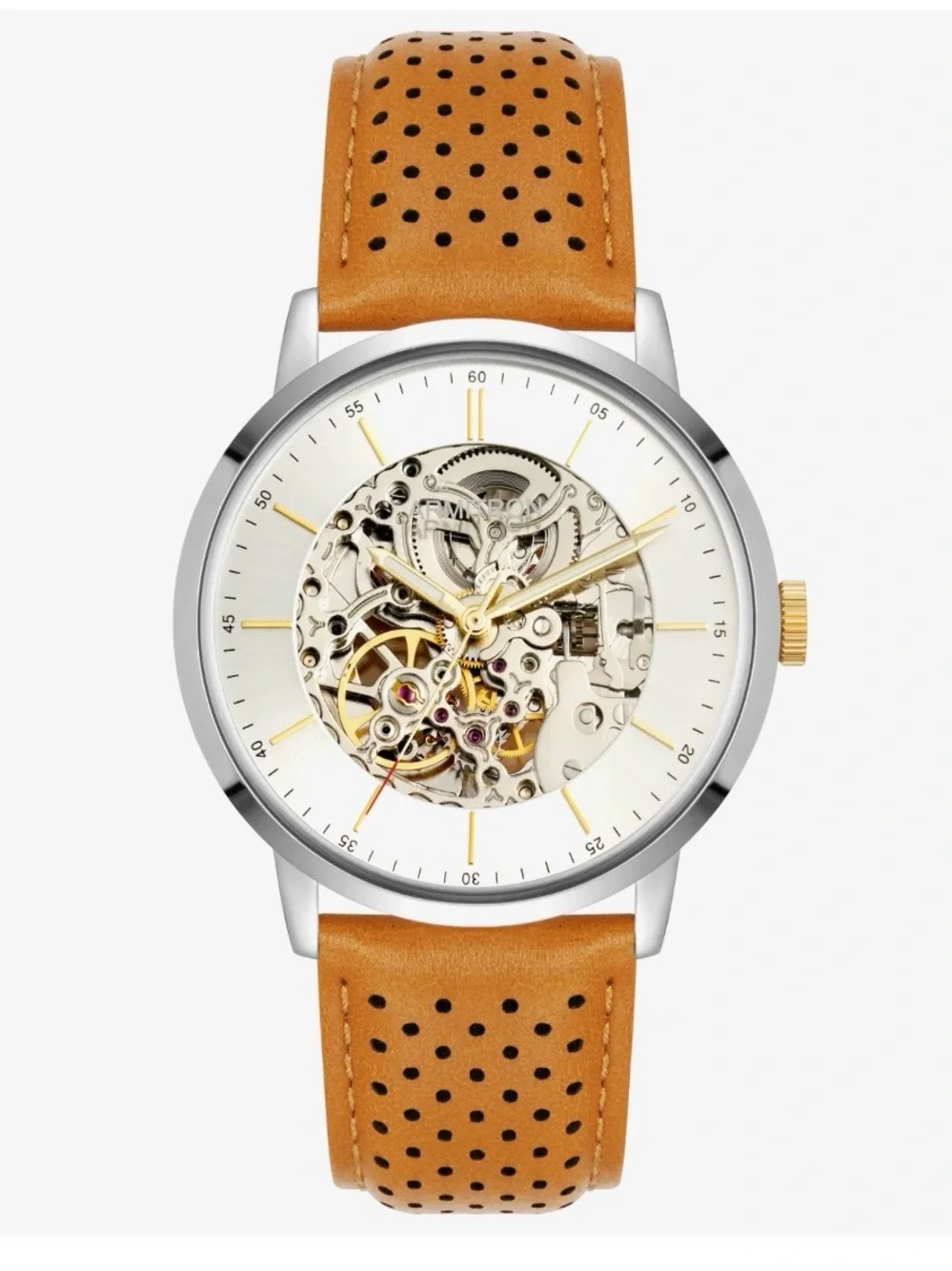 Armitron Silver Skeleton Mechanical Watch with Brown Leather Strap